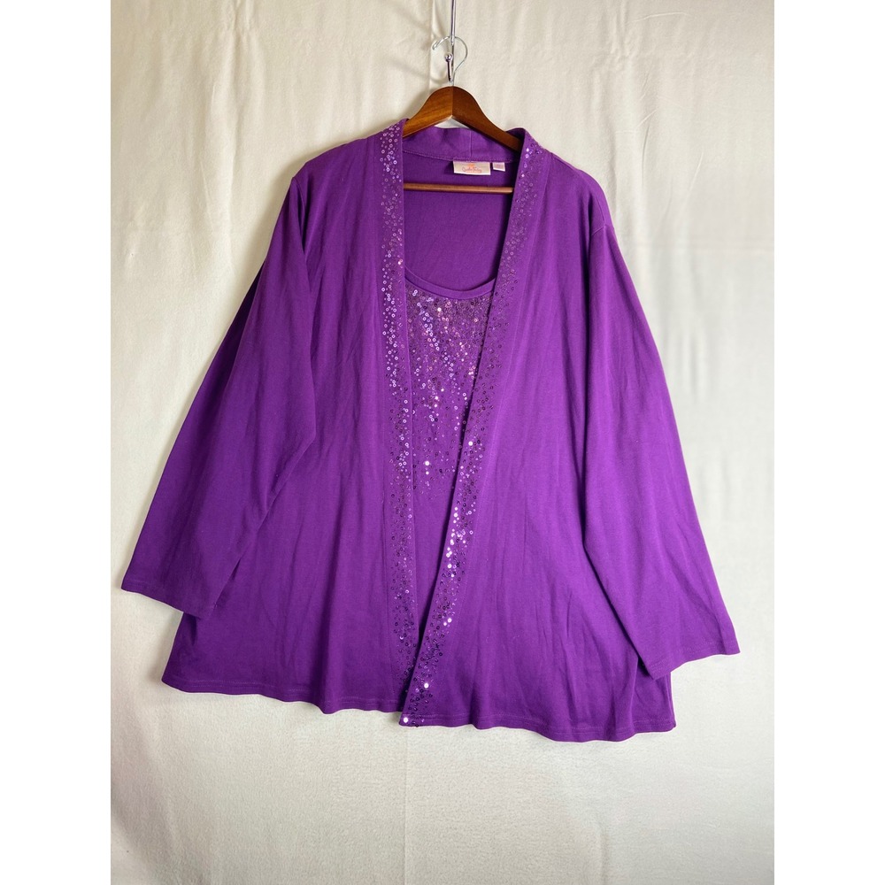Quacker Factory Purple Sequin Layered Look Top Cardigan Women 2X Classic